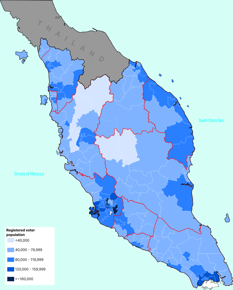 Map of Peninsular Malaysia's parliamentary constituencies shaded by registered voters in 2018, from pale rural seats under 40,000 to dark urban seats over 160,000.