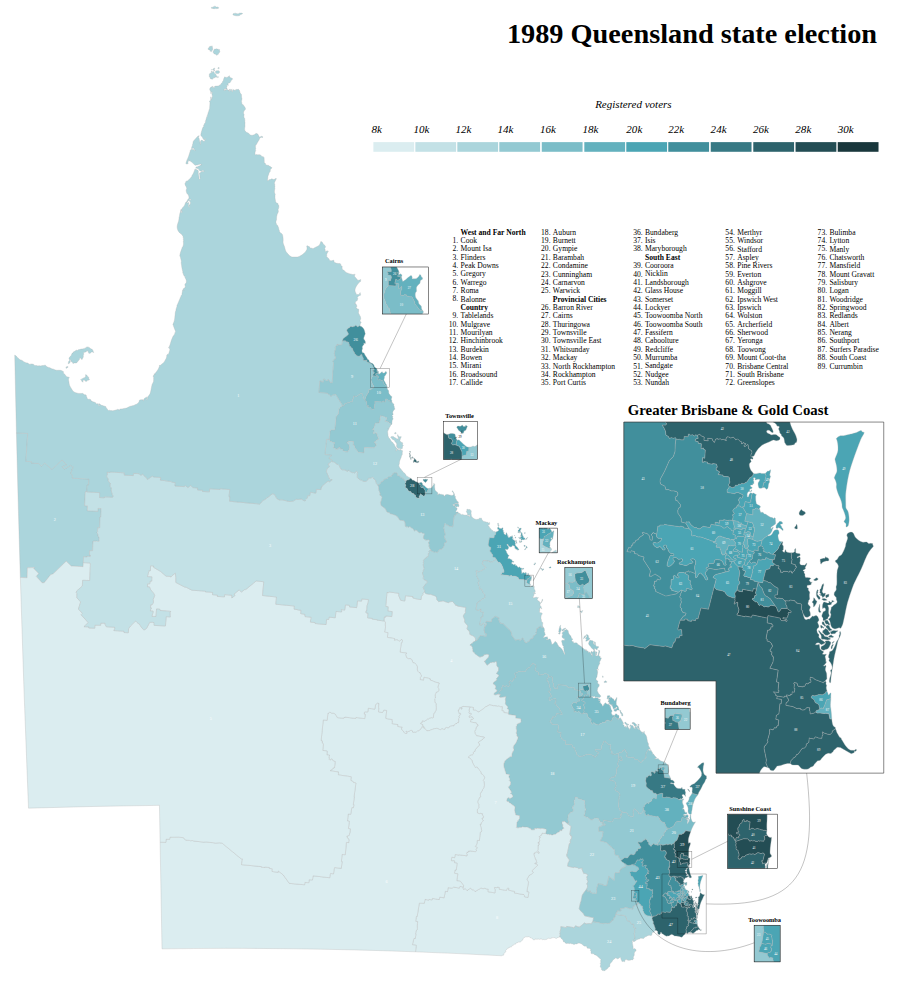 Map of Queensland's state electorates at the 1989 election shaded by the number of registered voters, the vast rural seats pale and the Brisbane seats dark.