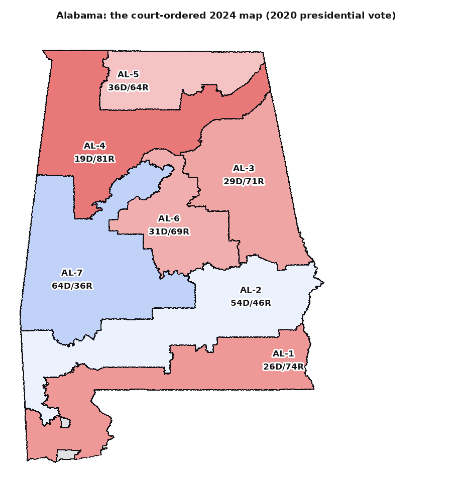 The court-ordered 2024 map: the redrawn 2nd District, Montgomery to Mobile, joins the 7th as a second district where Black voters can decide the seat.