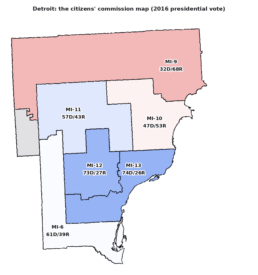The commission's 2022 map: the packs dissolve, and the metro's seats spread across the spectrum, from safe blue to genuine toss-ups.