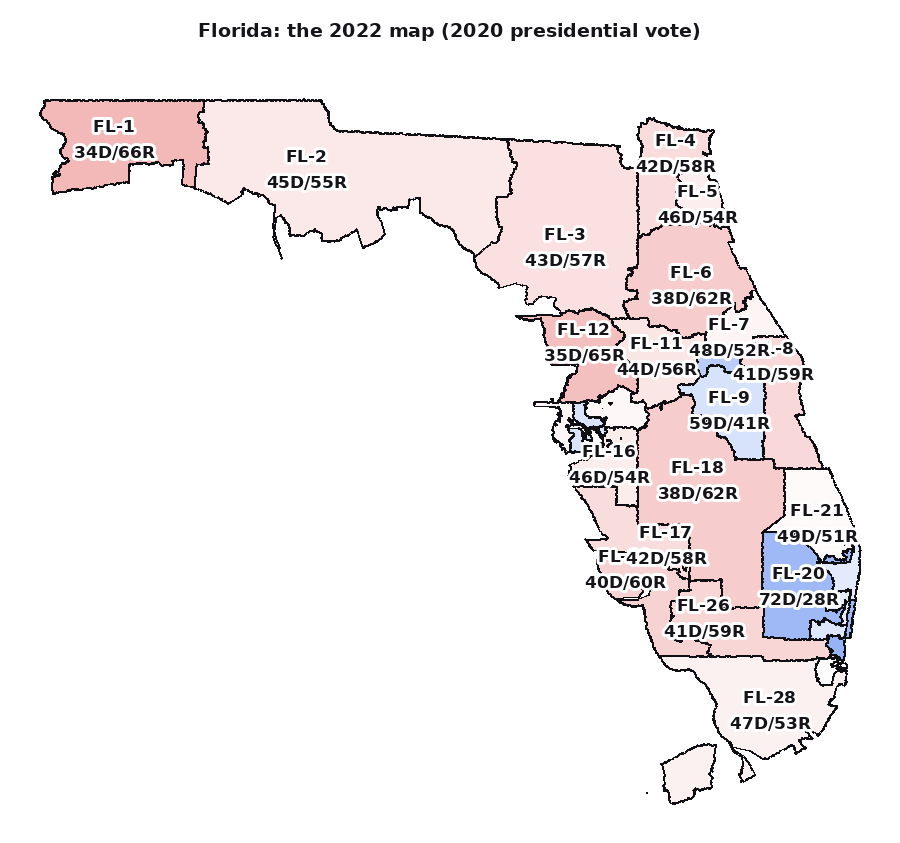 Florida under the 2022 congressional map, each district shaded by the 2020 presidential vote and labelled with its D/R split: eight districts lean Democratic.