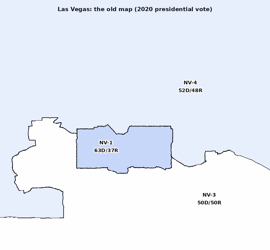 The old map, shaded by the 2020 vote: the 1st packs the Vegas urban core into a 63 percent blue seat, with the 3rd and 4th balanced on a knife's edge around it.