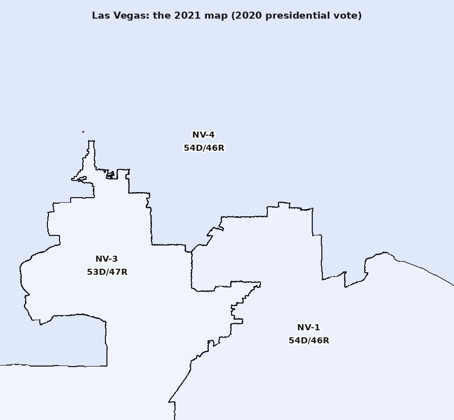 The 2021 map: the core is unpacked and its votes spread, so all three districts lean blue by just a few points each.