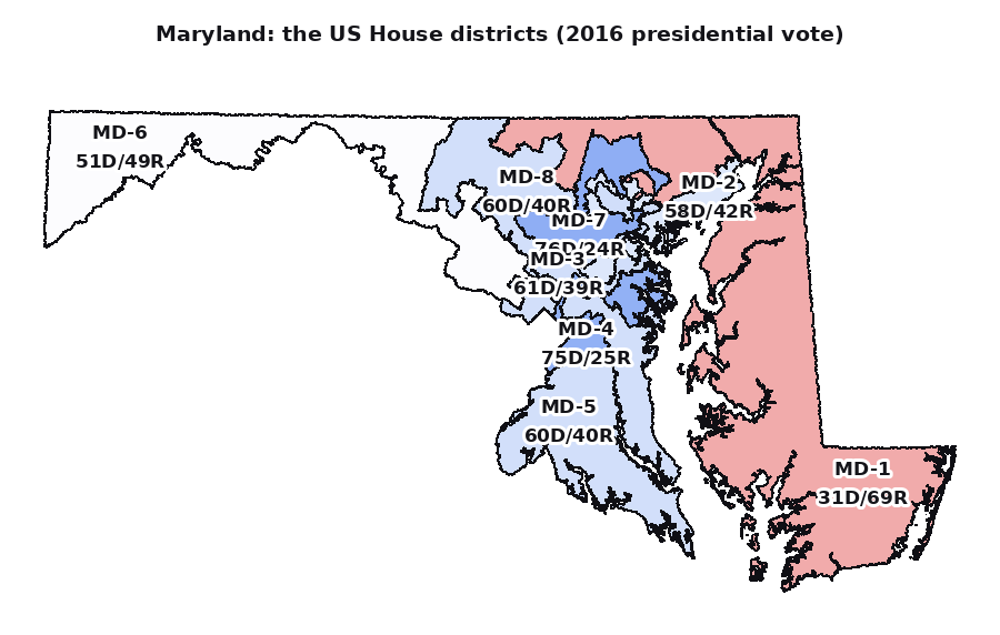 Maryland's eight districts, 2016 vote: one left red, seven drawn blue, including the pterodactyl-shaped 3rd.