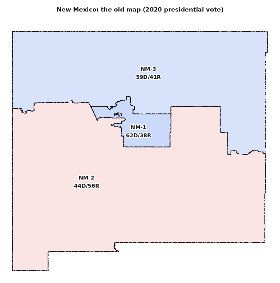 The old map, shaded by the 2020 vote: two blue districts in the north and centre, and a safely red 2nd across the south.
