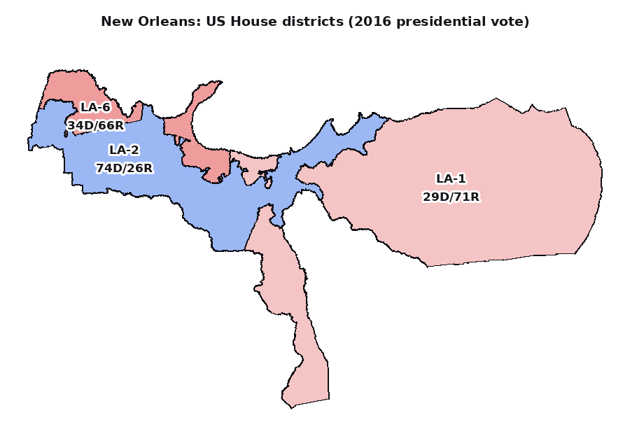 The blue 2nd District, Louisiana's one majority-Black seat, hugs the river through New Orleans; its neighbours run three-to-one Republican (2016 vote).