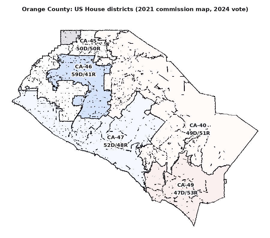 Orange County's five commission-drawn districts, shaded by the 2024 vote. Four of the five sit within a few points of even.