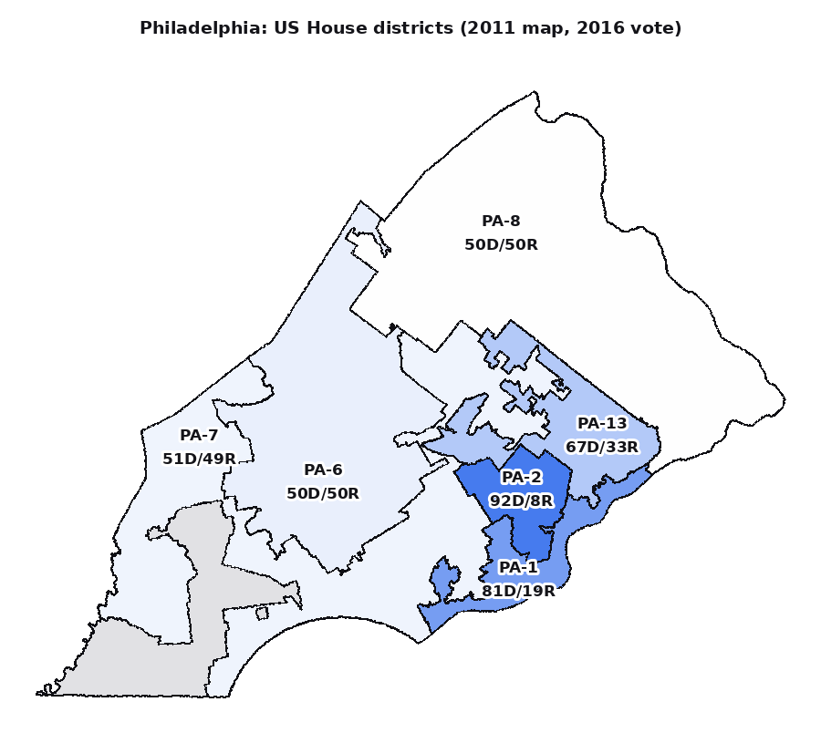 The 2011 map, 2016 vote: the city packed into two deep-blue seats, the coin-flip suburbs drawn to elect Republicans, including the 'Goofy kicking Donald Duck' 7th.