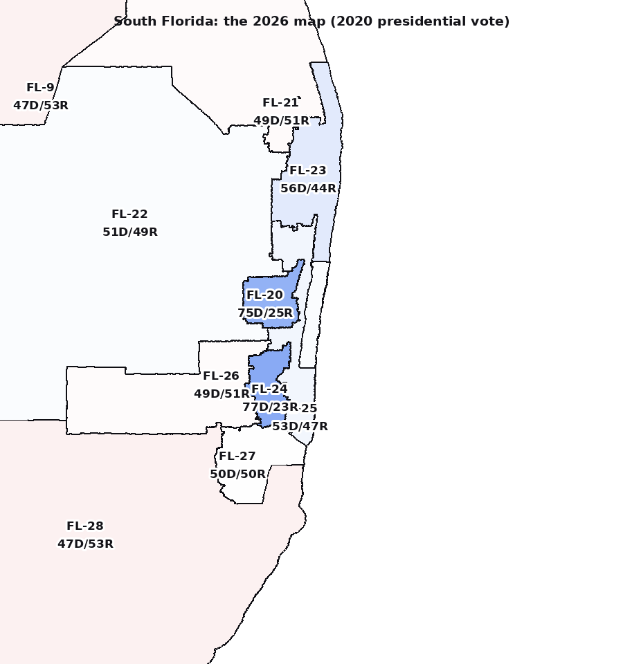 The 2026 map, same shading: 21 districts redrawn and the Democratic-leaning seats cut to six, with Miami-Dade's votes spread across five districts instead of four.